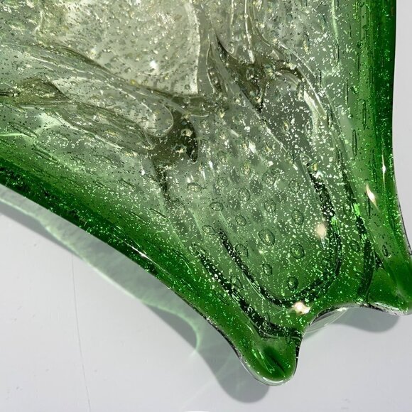 Murano Art Glass Bowl Green Gold Flecks Controlled Bubbles Bullicante MCM - Picture 3 of 15
